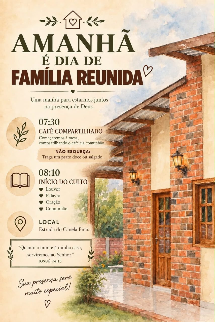 Cartaz: Amanhã é dia de família reunida. 07:30 café compartilhado, 08:10 início do culto, na Estrada do Canela Fina.