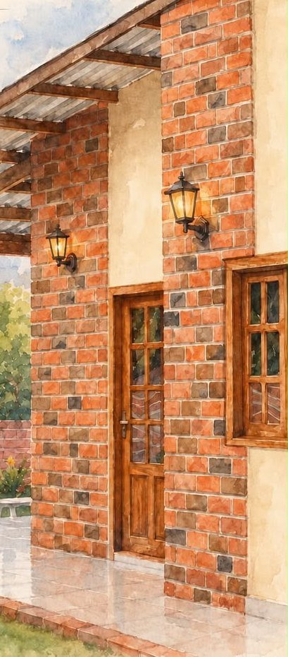 Pintura em aquarela da nossa igreja: casa de tijolos aparentes na Estrada do Canela Fina, com porta de madeira, lampiões acesos e telhado de zinco